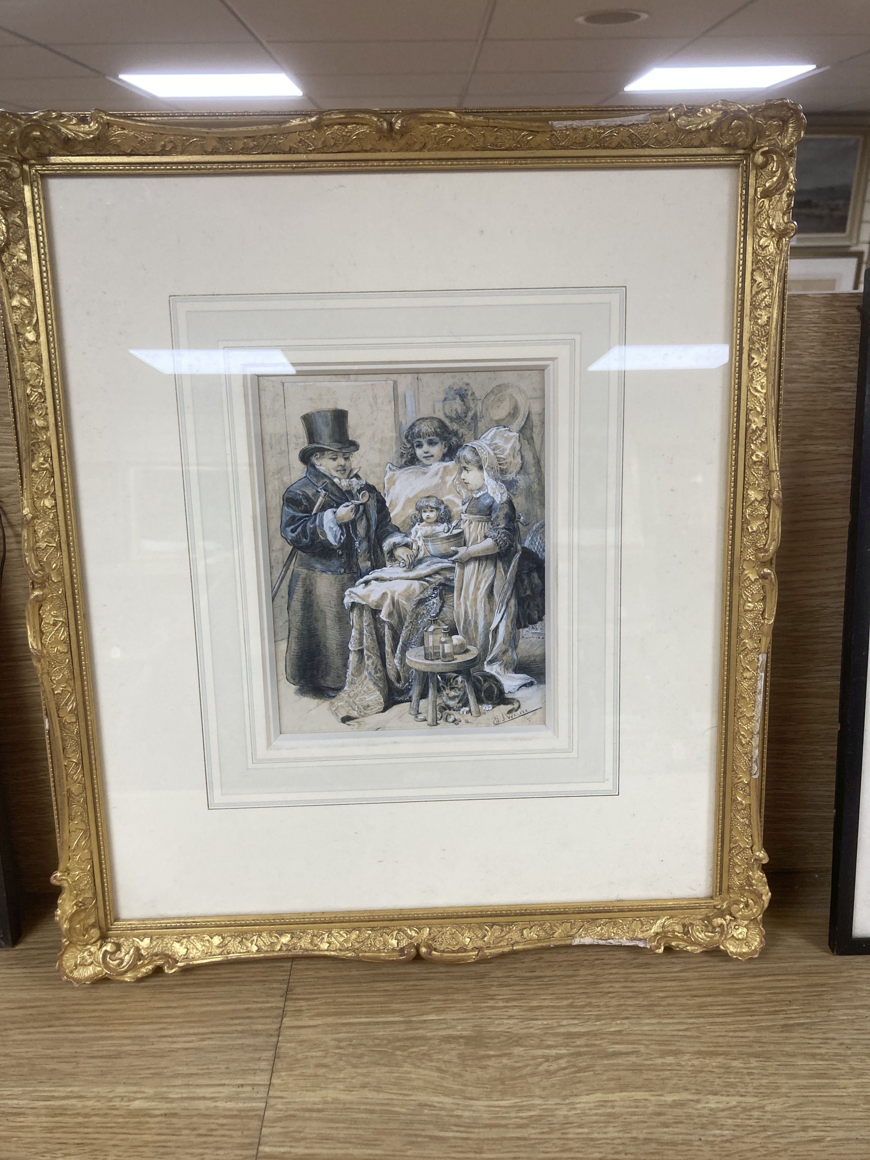 Edward J Walker (1879-1955), ink and wash, Children playing a doctor and patient, signed, 18 x 14cm